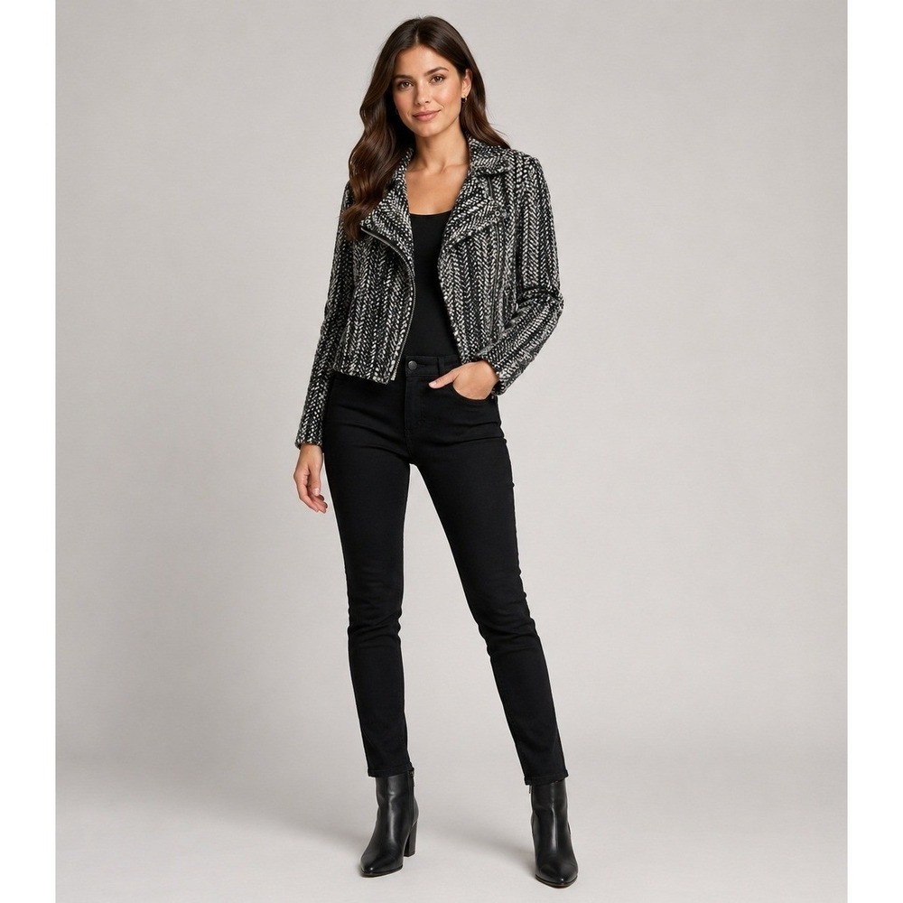 cAbi Over the Moon Tweed Jacket Womens 8 Black Gray Asymmetrical Zip Wool Blend